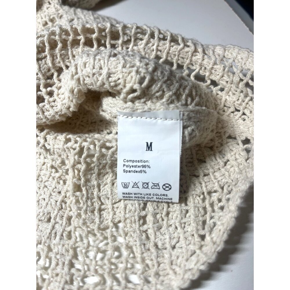 Boho Knit Cardigan Sweater Beige Size MED Ladies Crochet Button Down - Picture 4 of 7
